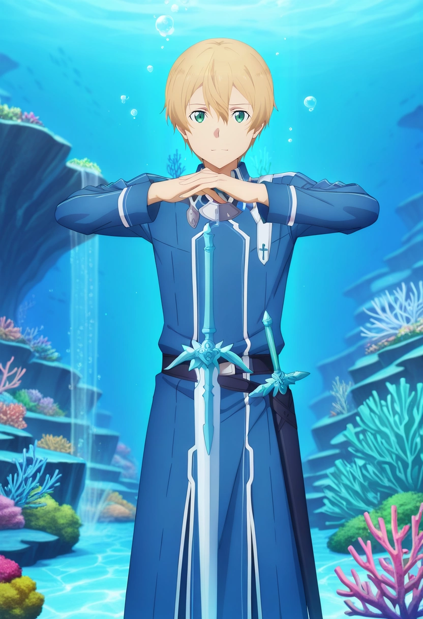 masterpiece, best quality, , anime screencap, , , , 1boy, solo, male focus, <lora:eugeo_sao_ilxl:0.92>, eugeo_sao, blonde hair, green eyes, bangs, hair between eyes, short hair, sword, underwater garden, kelp forests, bubble fountains, coral beds, tending pose, gentle expression, aqua lighting, ,