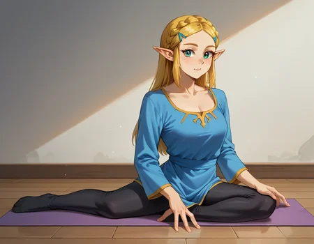 score_9, score_8_up, score_7_up, score_6_up, score_5_up, score_4_up, BREAK source_anime, 1girl, solo, princess zelda, <lora:maplezelda.pony:1> maplezelda, blue tunic, black legwear,
<lora:YogaPigeonPony.1.0:1> yogpig, relesi, front view, doing yoga pigeon,
