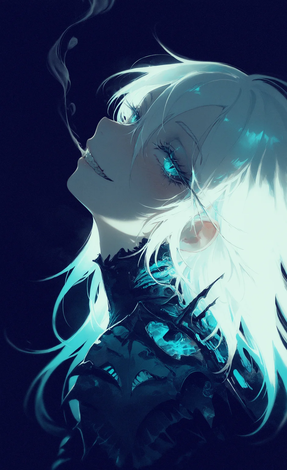 masterpiece,best quality,amazing quality, 1girl, solo, long hair, blue eyes, hair between eyes, white hair, teeth, aqua eyes, eyelashes, long eyelashes, thick eyelashes,
sharp teeth, glowing eyes, glowing hair,
looking at viewer, blush, Half closed eyes, smile, grin, glowing, Exhaling smoke,Blowing smoke, look up,
profile, close-up, portrait, smoke, blurry, Blurred foreground, black background, dark background, backlighting,
aqua theme, mythp0rt <lora:illustriousXL_stabilizer_v1.23:0.3> <lora:NOOB_vp1_detailer_by_volnovik_v1:0.3> <lora:ponyv6_noobE11_2_adamW-000017:0.3> <lora:WSSKX_WAI:0.4> <lora:mon_monmon2133:0.75> <lora:YTSKX-WAI:0.4>