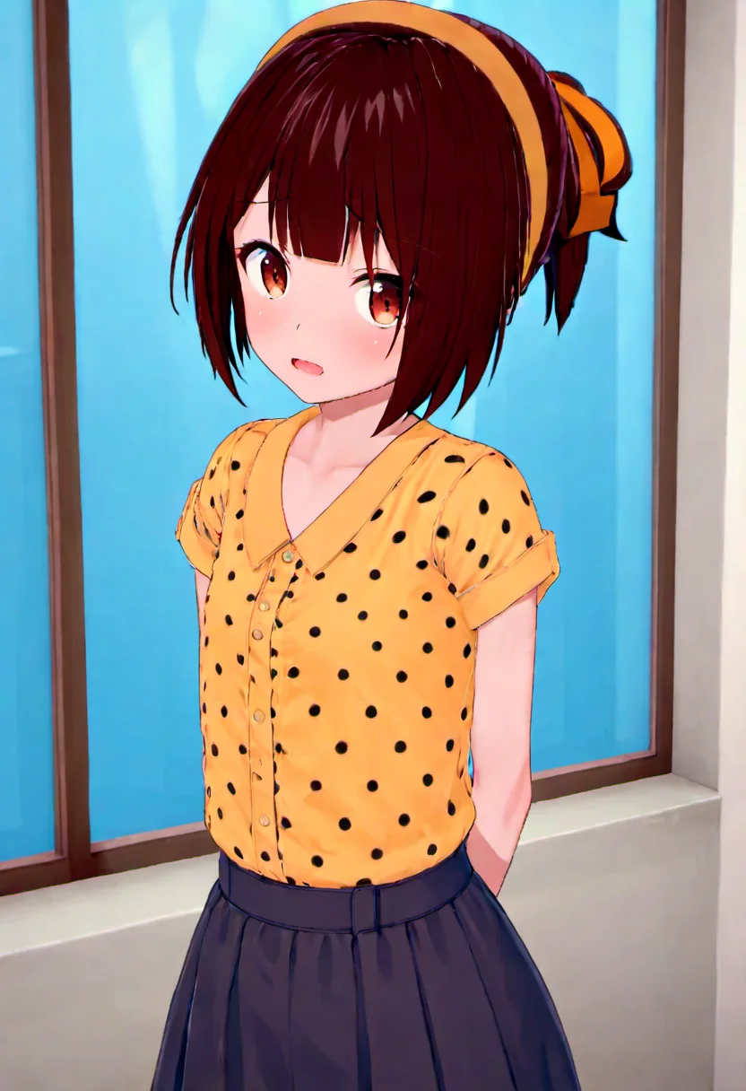 <lora:Miku_Maruyama:.8>,Miku, 1girl, solo, arm behind back, looking at viewer, shirt, skirt, open mouth, short sleeves, window, hairband, yellow shirt, bangs, polka dot, blush, upper body, outdoors, orange hairband