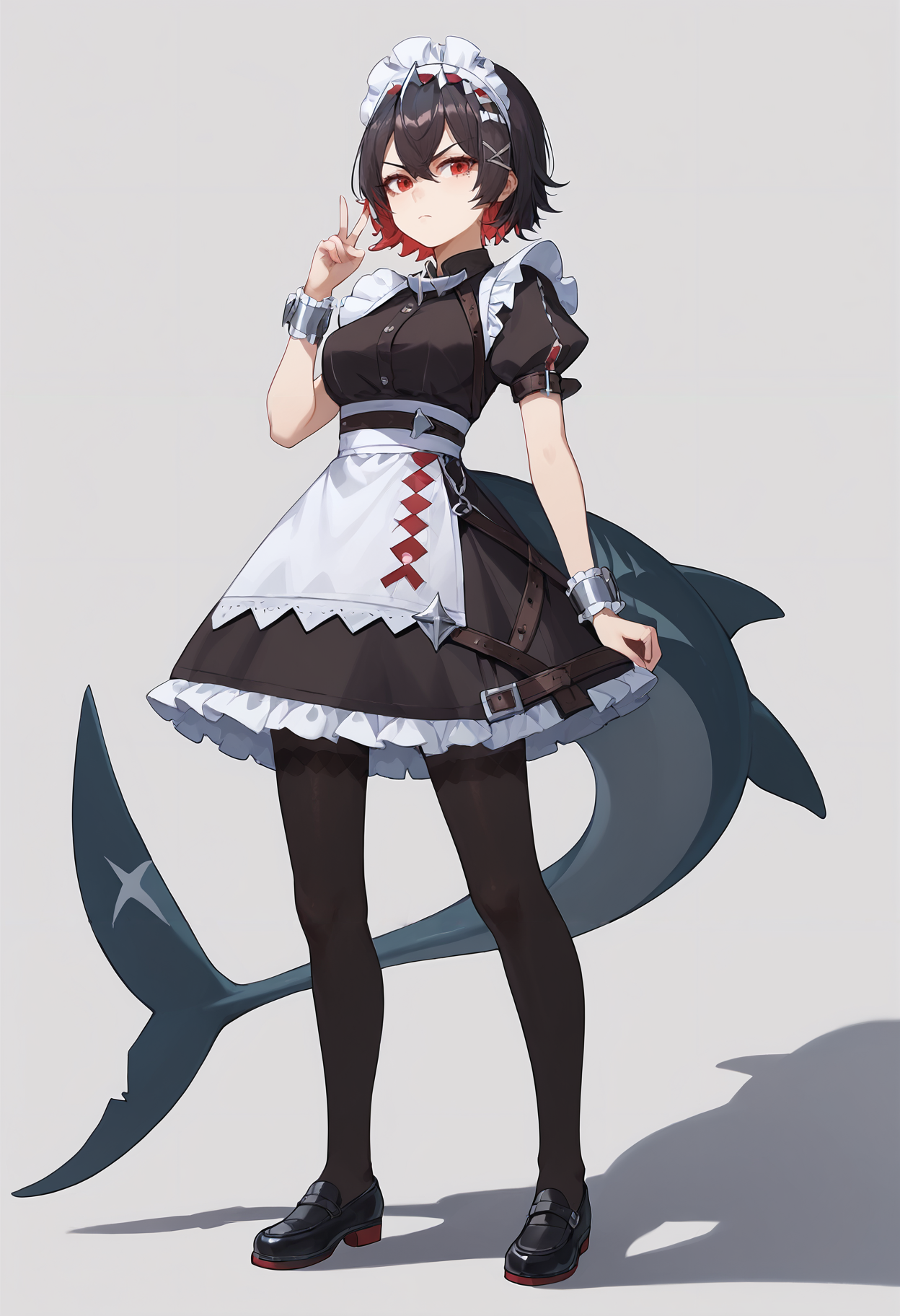 score_9,score_8_up,score_7_up,score_6_up   <lora:ellen_joe_zzz_xl:0.7>1girl, apron, black footwear, black hair, black pantyhose, bracelet, breasts, brown dress, buttons, chain, closed mouth, dress, fins, fish tail, frills, full body, white  background, hair between eyes, hair ornament, hairband, hairpin, jewelry, looking at viewer, maid, maid headdress, medium breasts, mole, mole under eye, multicolored hair, pantyhose, puffy short sleeves, puffy sleeves, red eyes, red hair, shadow, shark girl,black shark tail, shoes, short hair, short sleeves, simple background, solo, spiked hairband, spikes, standing, tail, two-tone hair, v-shaped eyebrows, white apron, wrist cuffs, x hair ornament