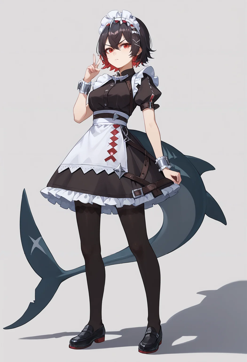 score_9,score_8_up,score_7_up,score_6_up <lora:ellen_joe_zzz_xl:0.7>1girl, apron, black footwear, black hair, black pantyhose, bracelet, breasts, brown dress, buttons, chain, closed mouth, dress, fins, fish tail, frills, full body, white background, hair between eyes, hair ornament, hairband, hairpin, jewelry, looking at viewer, maid, maid headdress, medium breasts, mole, mole under eye, multicolored hair, pantyhose, puffy short sleeves, puffy sleeves, red eyes, red hair, shadow, shark girl,black shark tail, shoes, short hair, short sleeves, simple background, solo, spiked hairband, spikes, standing, tail, two-tone hair, v-shaped eyebrows, white apron, wrist cuffs, x hair ornament