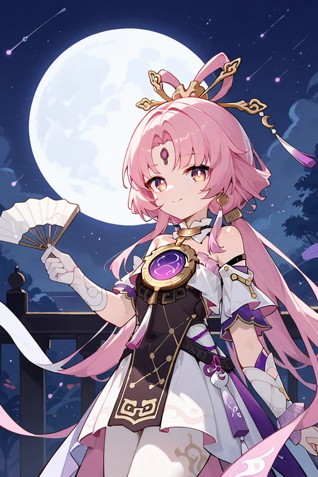 (score_9,score_8_up,score_7_up),<lora:Fu Xuan(Honkai Star Rail)-v1-000006:0.8>,Fu Xuan(Honkai Star Rail),1girl,pink hair,long hair,moon,looking at viewer,smile,hair ornament,solo,pink eyes,dress,night,bangs,closed mouth,full moon,elysia (honkai impact),bare shoulders,hand fan,gloves,outdoors,sky,holding,night sky,white gloves,chinese clothes,rabbit,forehead mark,
good feet,anime,NSFW,expressive,amazing quality,ultra hd 32k,