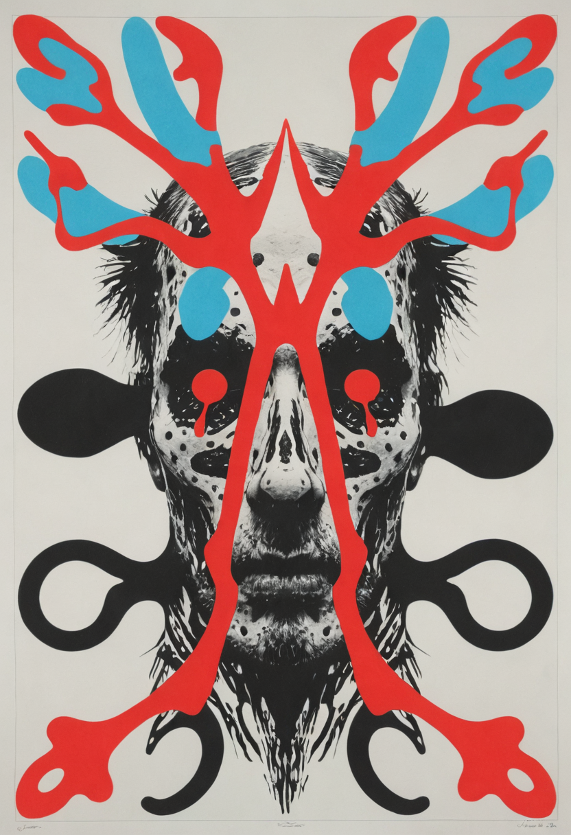 Anaglyph 3D, retro risograph printed rorschach test, Jonathan Meese, b&w<lora:add-detail-xl:1>