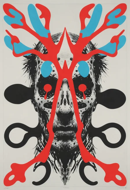 Anaglyph 3D, retro risograph printed rorschach test, Jonathan Meese, b&w<lora:add-detail-xl:1>