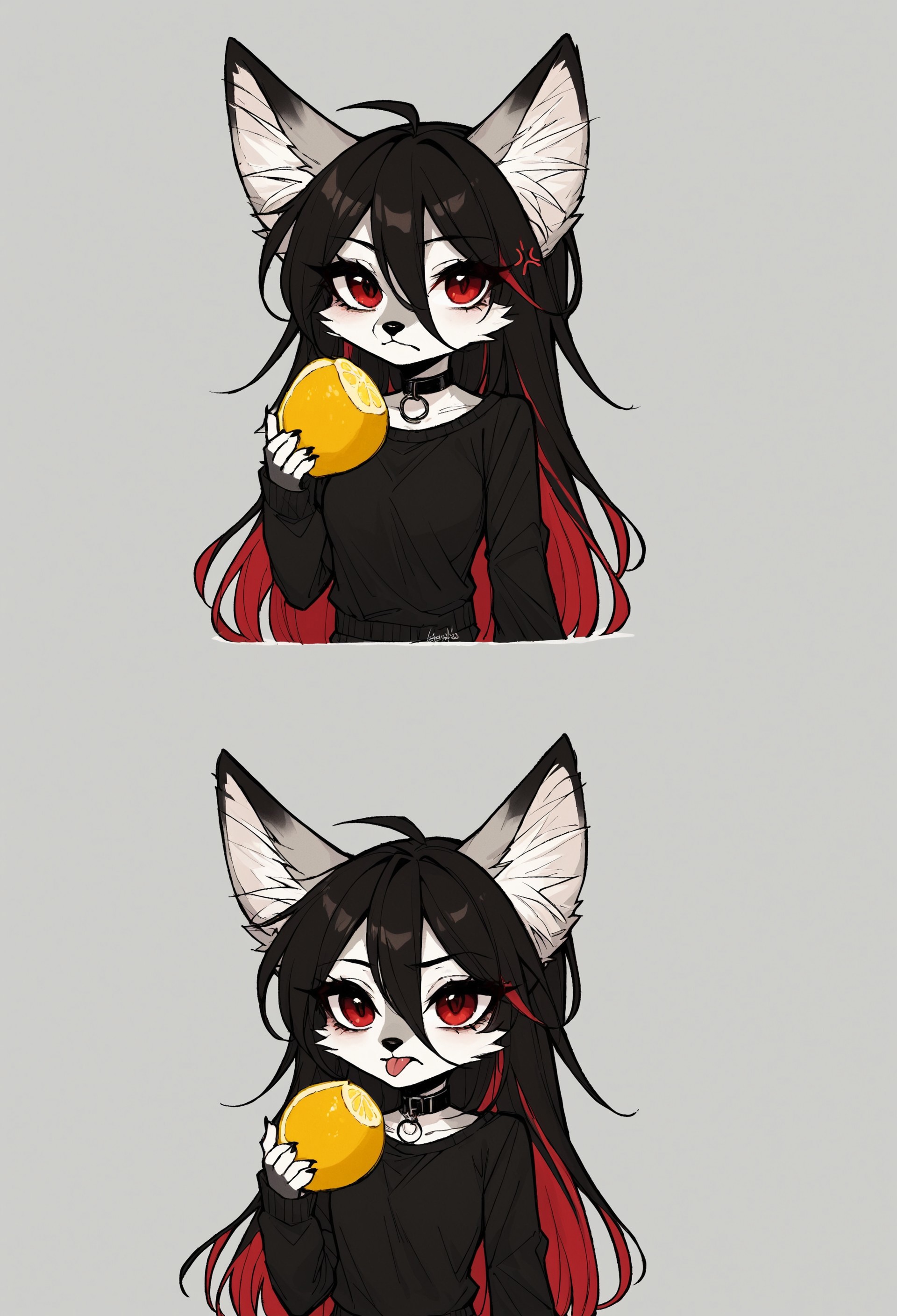 safe_pos, masterpiece, score_9_up, score_8_up, score_7_up, score_6_up, source_furry, (best quality:1.1), ultra-detailed, high resolution, highly detailed macro illustration, duo BREAK Rixa, anthro fox, female, gray and white fur, animal ears, black ear tips, fluff in ears, thin black eyebrows, black animal nose, long black hair, red tipped hair, striped tail, (beautiful red eyes:1.3), (long eyelashes:1.1), slim, narrow waist, breasts, black top, frown, (annoyed expression, cute face:1.2), tongue out, black sweatshirt, (holding lemon:1.2), lemon slice BREAK thourlemon, chibi, 2koma BREAK sharp focus, perfect lighting, anatomically correct, extremely detailed, high detail, OverallDetail, zPDXL3