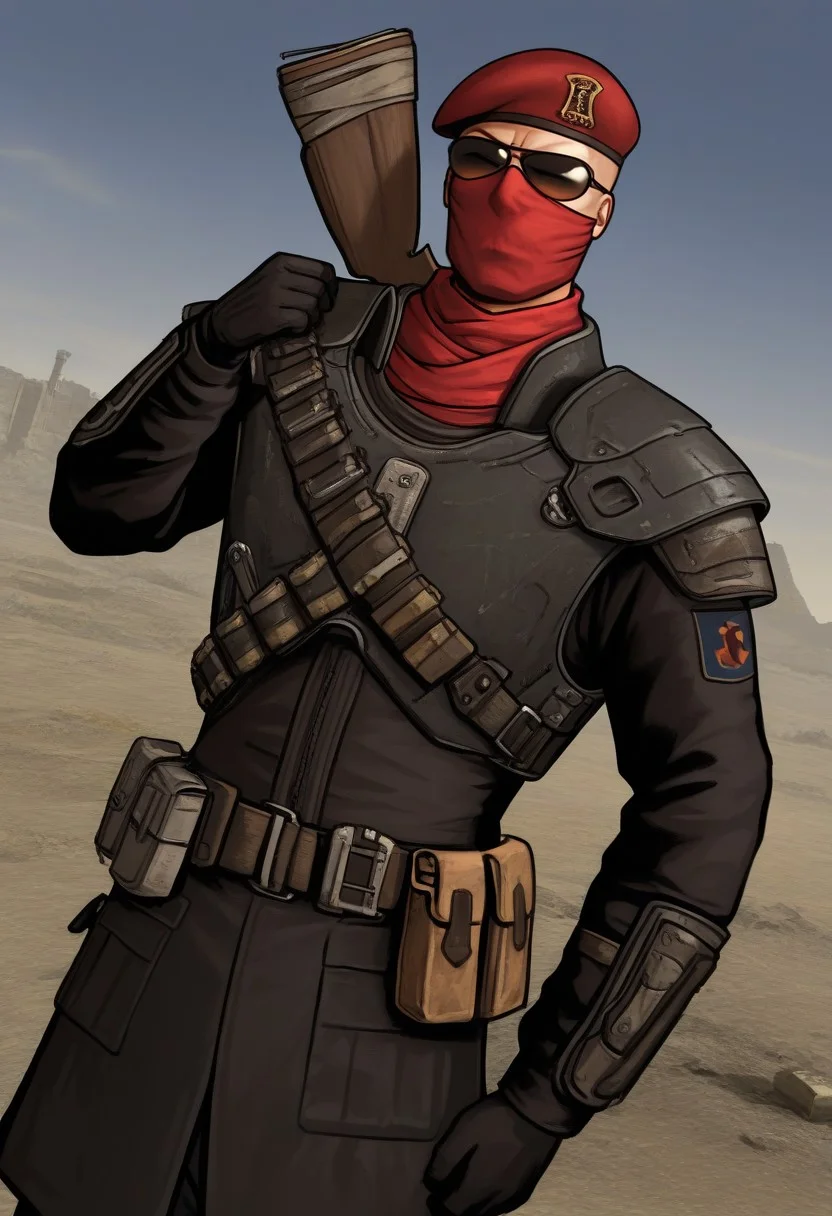 perfect anatomy, perfect proportions, best quality, masterpiece, high_resolution, high quality, best aesthetic, incredibly absurdres, highres, extremely detailed, huge filesize, solo male, adult, mature, masculine, manly, handsome, charming, alluring, upper body, dutch angle, cowboy shot, perfect face,  source_game \(Fallout: New Vegas\), official style \(Fallout: New Vegas\), Craig Boone, FNVBoone, bald, green eyes,  Boone_Outfit02, 1st Recon assault armor, sunglasses, red beret, 1st Recon beret\(Fallout: New Vegas\), 1st Recon emblem\(Fallout: New Vegas\), red facewrap, black shoulder armor, black breastplate, black coat, long sleeves, black gloves, bandolier, cargo pants, belt pouch, tactical kneepads, combat boots, dynamic angle, Fallout: New Vegas location, post-apocalyptic ruins, desolated landscape, dark blue sky