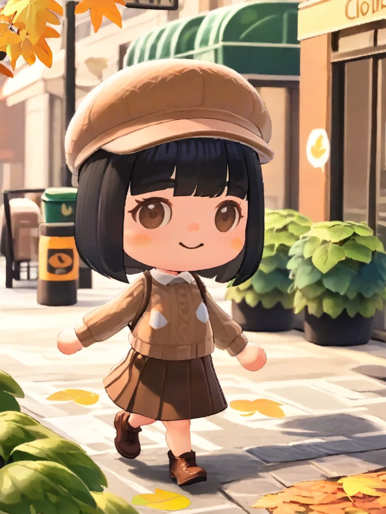 <lora:dongsen_xl:1>,chibi, solo, 1girl, black hair, hat, walking, skirt, brown eyes, bag, looking at viewer, smile, outdoors, leaf, cabbie hat, brown skirt, cup, blunt bangs, long sleeves, pleated skirt, bangs, full body, blush stickers, short hair, brown footwear
