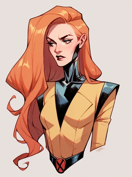 score_9, score_8_up, score_7_up, score_6_up, score_5_up, <lora:JeanGreyXLP:1> jean grey, 1girl, long hair, orange hair, yellow bodysuit