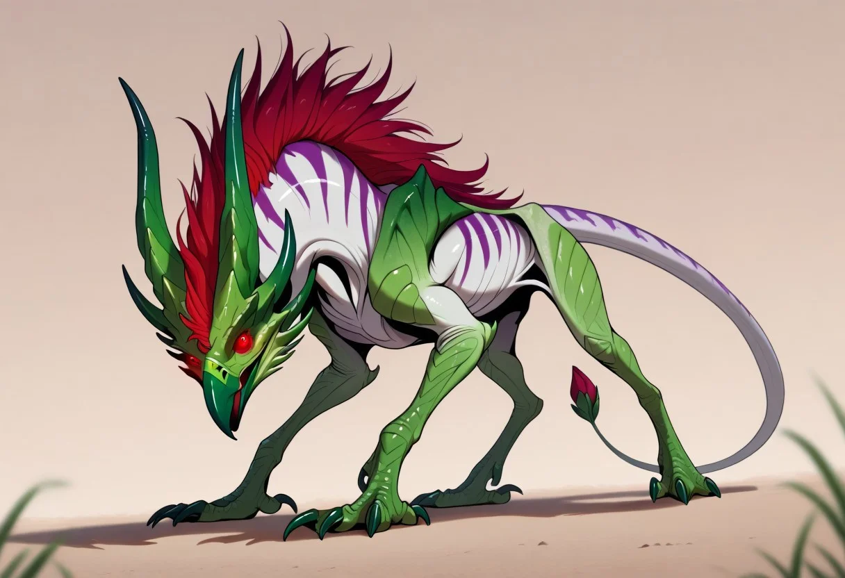 masterpiece, best quality, amazing quality, highres, absurdres, Gaula, plant monster, bullhorns, spine, red eyes, scales, claws, beak, gradient hair, white skin, purple stripes, green beak, sharp beak, long tail, claws, leaf mane along back, red eyes, red mane, mane along back, ((flowerbud attached to tail, perfect flowerbud tail, flowerbud-tipped tail, detailed flowerbud tail, flowerbud tail focus)):1.2, 4 legs, quadruped, claws, Dutch angle, high angle, close up, ((tail tip focus, tail tip in foreground)), depth of field,