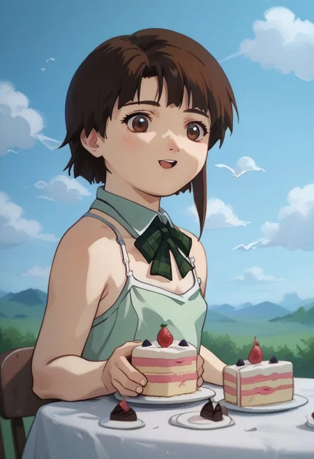 score_9, score_8_up, score_7_up, score_6, source_anime, lain, brown hair, ((light green camisole, green bowtie)), table, tartan tablecloth, ((bulimic, hungry, excited)), (((giant wedding cake))), cute, chubby, (chibi), close view, clouds sky background, outdoors, airborne