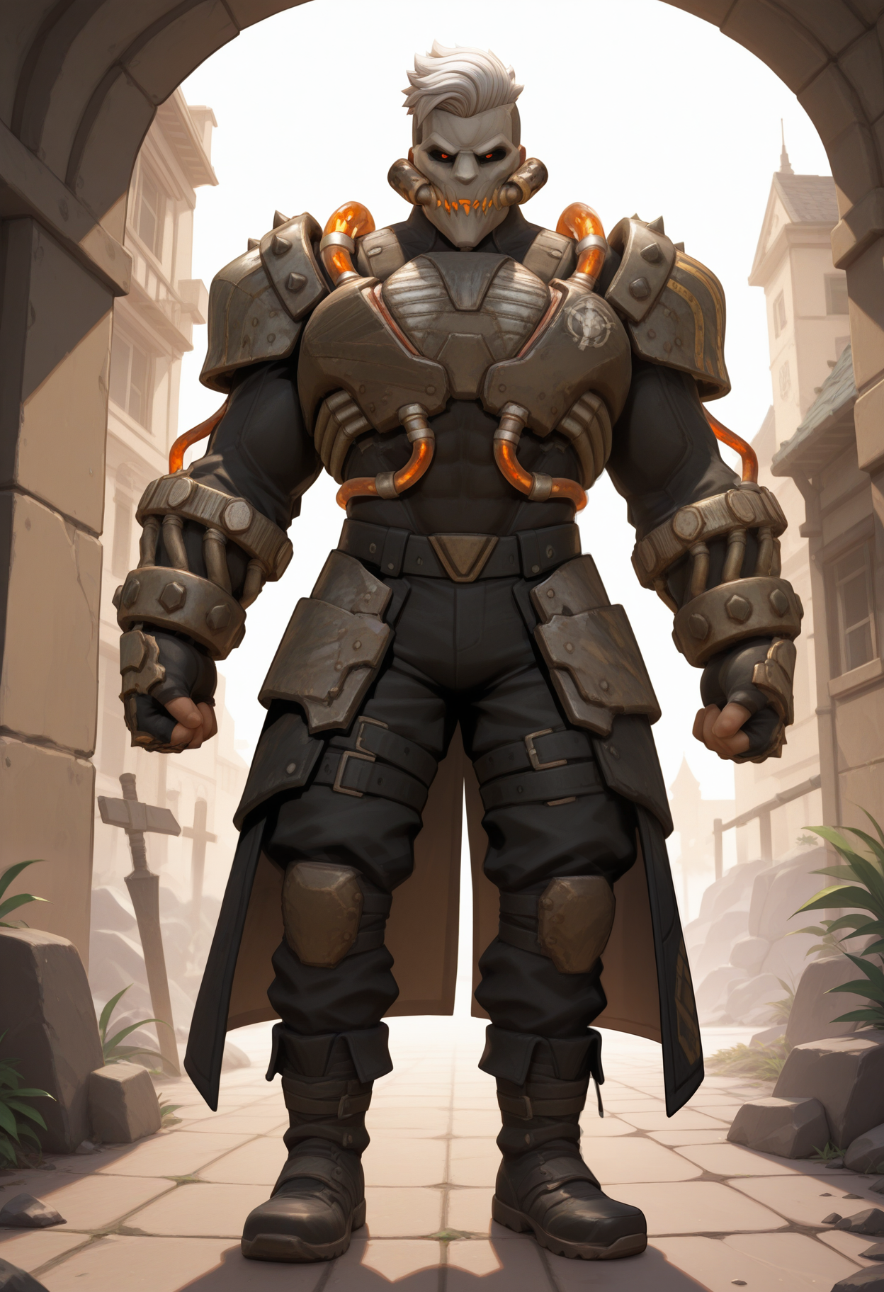 masterpiece,best quality,amazing quality, 1boy, solo, m3g4, human, armor, black boots, black pants, gauntlets, mask,