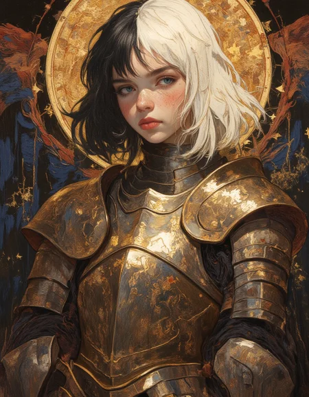 ((Fantasy knight portrait)) ((Renaissance-inspired lighting))
Female Knight, Petite body, freackles , ornate golden armor with engravings, standing in a dramatic light with a warm halo behind the head. shoulder pads bracers elbow pads
(Long messy bob haircut, the hair is white on one half and black on the other) Puffy dark red lips
OBxiaoxiang, drkfnts style, DB4RZ, DB4RZ style painting