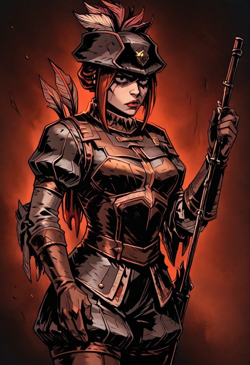 masterpiece, best quality, newest, absurdres, highres, TTCSV1.0
DDstyle, official style, black eyes, shaded eyes, 
1girl, DDMusV1.0, hat, rifle, holding weapon, hat, feather, tricorne, gloves, leather, leather armor,