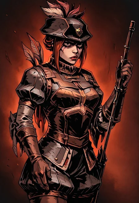 masterpiece, best quality, newest, absurdres, highres, TTCSV1.0
DDstyle, official style, black eyes, shaded eyes,
1girl, DDMusV1.0, hat, rifle, holding weapon, hat, feather, tricorne, gloves, leather, leather armor,