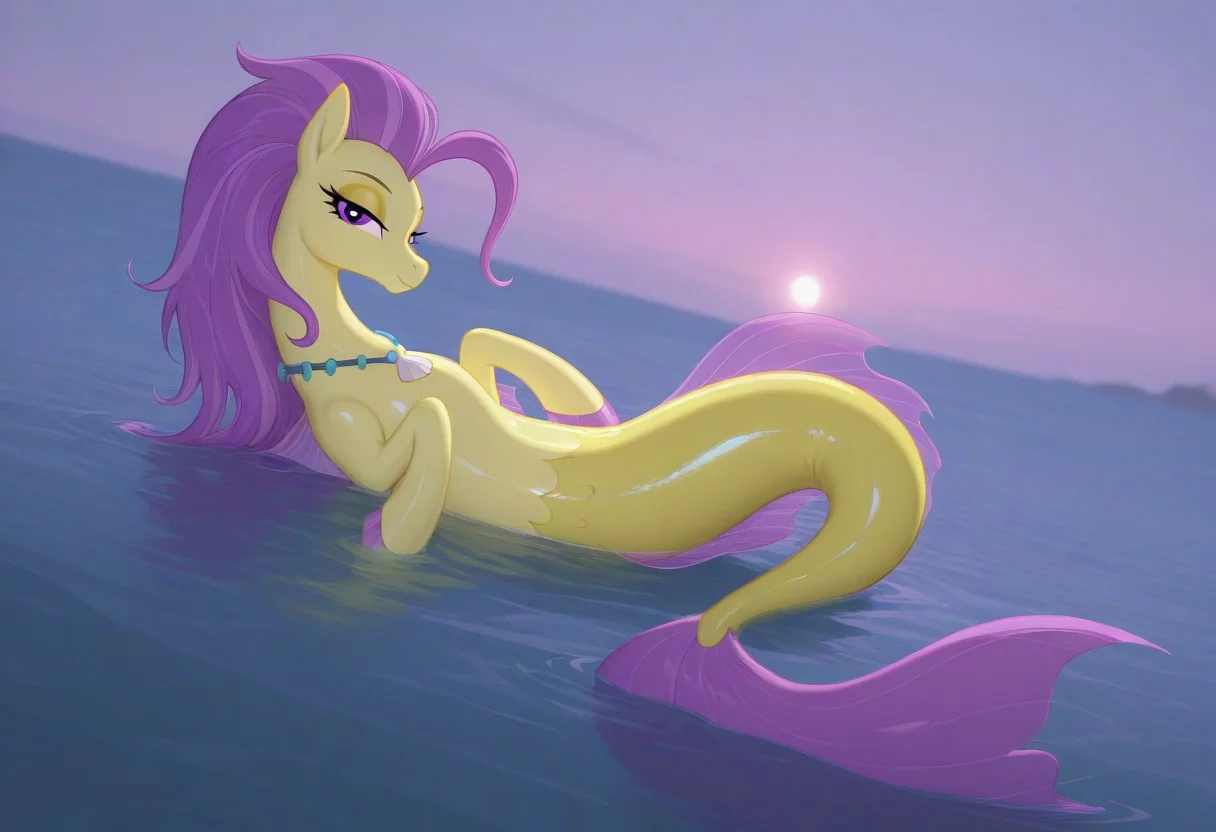 (masterpiece:1.2), (best quality:1.2), (very aesthetic:1.2), (absurdres:1.2), (detailed background), newest, sharp focus, perfect light, dynamic light, natural light, (best quality), my little pony, ocean flow, solo, water, purple eyes, 1girl, shell necklace, jewelry, no humans, purple hair, yellow skin, fins, looking at viewer, lidded eyes, yellow eyeshadow, dutch angle, shiny skin, glossy skin, shiny hair, glossy hair, full body, lying on back, beach, in water, siren, hippocampus, mermaid tail