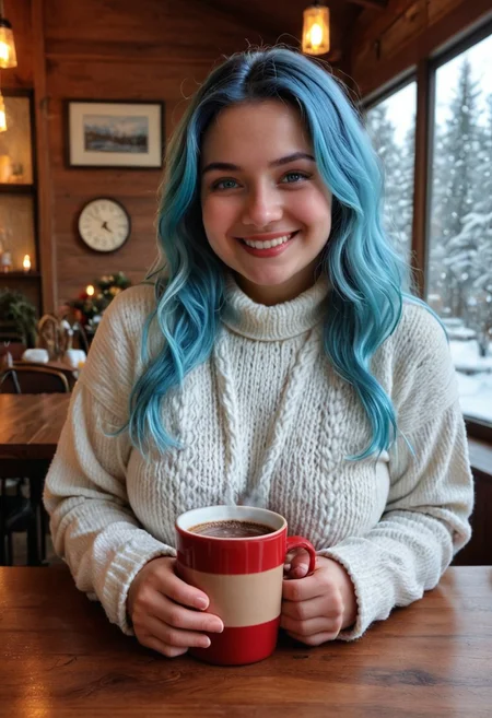 Cozy winter, woman with icy blue highlights, soft smile, chunky knit sweater, snowflakes outside, warm cafe, steaming hot chocolate on the table, realistic, photo in phst artstyle, detailed , detailed style, perfect