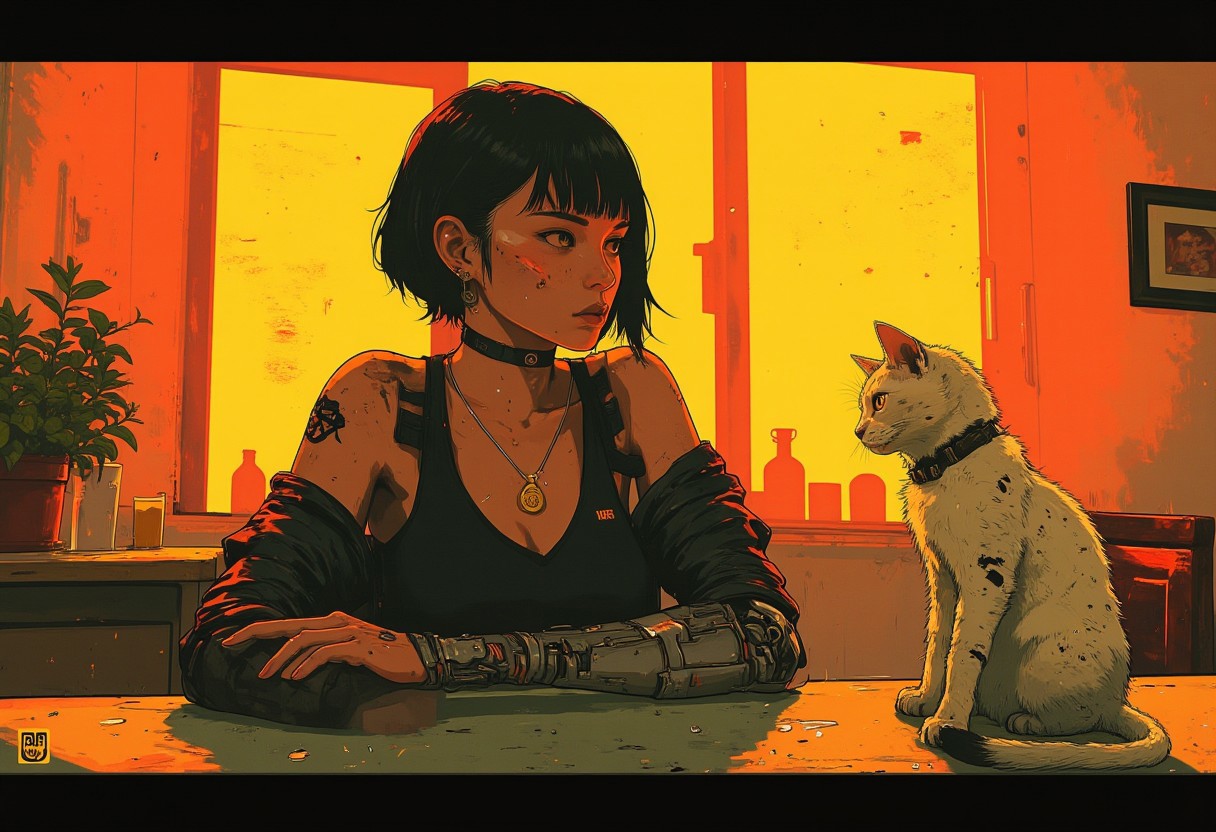 young woman with short, sleek black hair and bangs sits thoughtfully in front of a warm, glowing background of a sunlit room. Her attire is a mix of casual and futuristic, featuring a black top with cut-out shoulders and a black jacket, while her mechanical prosthetic arm hints at a cybernetic or sci-fi setting. 
a kitten is sitting  on table and lookin on Woman
She wears a gold pendant, . The room's warm orange tones from the sunlight, a visible plant, and furniture create a cozy yet fturistic atmosphere