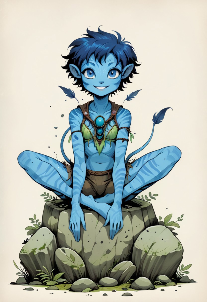 (masterpiece, best quality, detailed:1.25),
full-body by (Alessandro Gottardo:0.75) and (Wendy Froud:0.25),
front logo of a (joyful young female Avatar navi alien with blue skin:1.36) sitting on mossy stone,
sharper, clean lines, outline, muted colors, minimum details