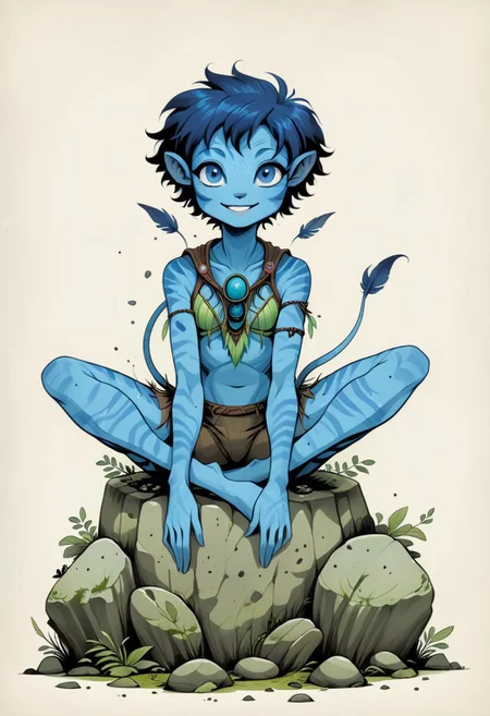 (masterpiece, best quality, detailed:1.25),
full-body by (Alessandro Gottardo:0.75) and (Wendy Froud:0.25),
front logo of a (joyful young female Avatar navi alien with blue skin:1.36) sitting on mossy stone,
sharper, clean lines, outline, muted colors, minimum details