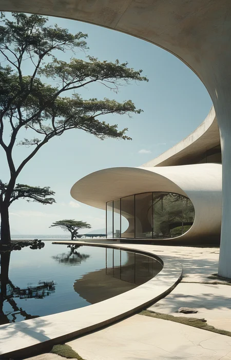 masterpiece,best quality,<lora:tbh313-sdxl:0.75>,illustration,designed by Oscar Niemeyer, Minimalist Japanese-inspired tea house by the sea, evoking the style of Tadao Ando