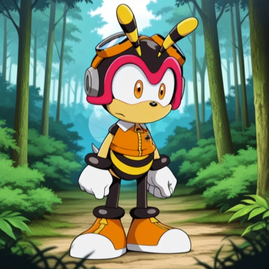 masterpiece, best quality, amazing quality, CharmySxil, anthro, male, bee, yellow-and-black striped body, antennae, translucent wings, orange eyes, orange vest, orange shoes, black helmet, goggles on head, white gloves, black bracelets, black anklets, standing, in forest,, <lora:a3dea98b-5322-4463-b525-553844d1eff7:1.0>