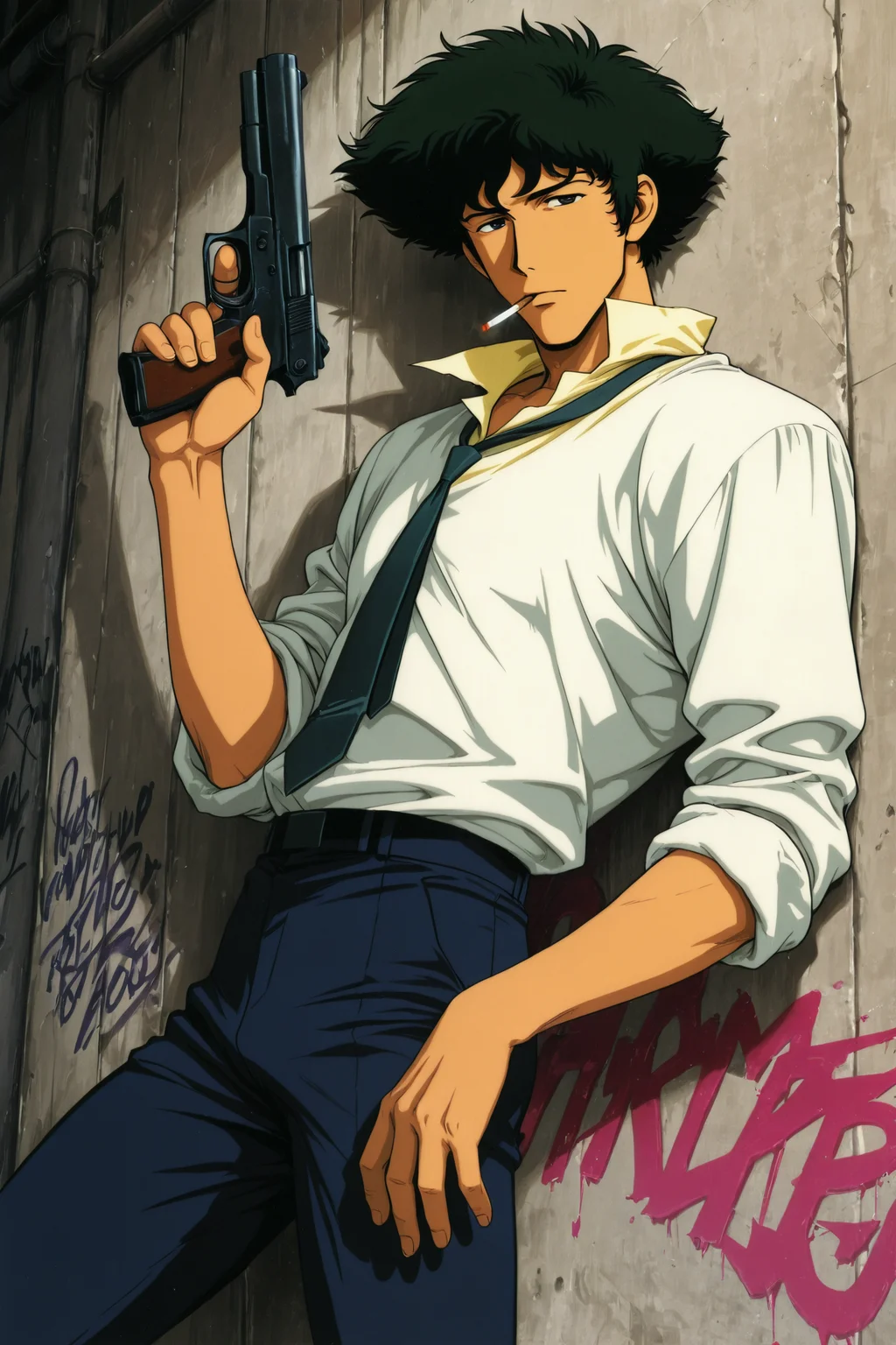 Spike Spiegel,graffiti,1boy,male focus,solo,cigarette,necktie,black hair,smoking,shirt,against wall,pants,mouth hold,white shirt,sleeves rolled up,collared shirt,retro artstyle,looking at viewer,black eyes,holding gun,
<lora:Toshihiro Kawamoto_illustriousXL:1>,