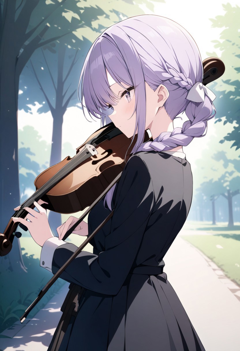 masterpiece, best quality, 32k, high resolution, absurdres, amasawa kyou, music, playing instrument, violin, holding violin, braid, from side, long sleeves, tree, from behind, holding stuffed toy