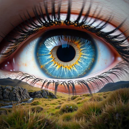 A large hyperrealistic eye with blue iris over a scottish highland moor