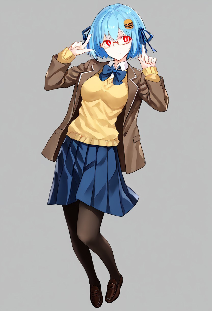 score_9, score_8_up, score_7_up, score_6_up, score_5_up, score_4_up, source_anime, 1girl, solo, 
hamburger-chan_\(hundredburger\), food-themed hair ornament, hair ribbon, glasses, hair ornament, red eyes, semi-rimless eyewear,under-rim eyewear, red-framed eyewear, breasts,rectangular eyewear, blue hair, short hair,bangs,white pupils, solid circle eyes, skirt, pantyhose,blue ribbon, blue skirt, blue hair, blue bowtie, short hair, pleated skirt, long sleeves, bowtie, bow, blue bow,, school uniform, yellow sweater, loafers,brown jacket, 
masterpiece, best quality, very aesthetic, absurdres,