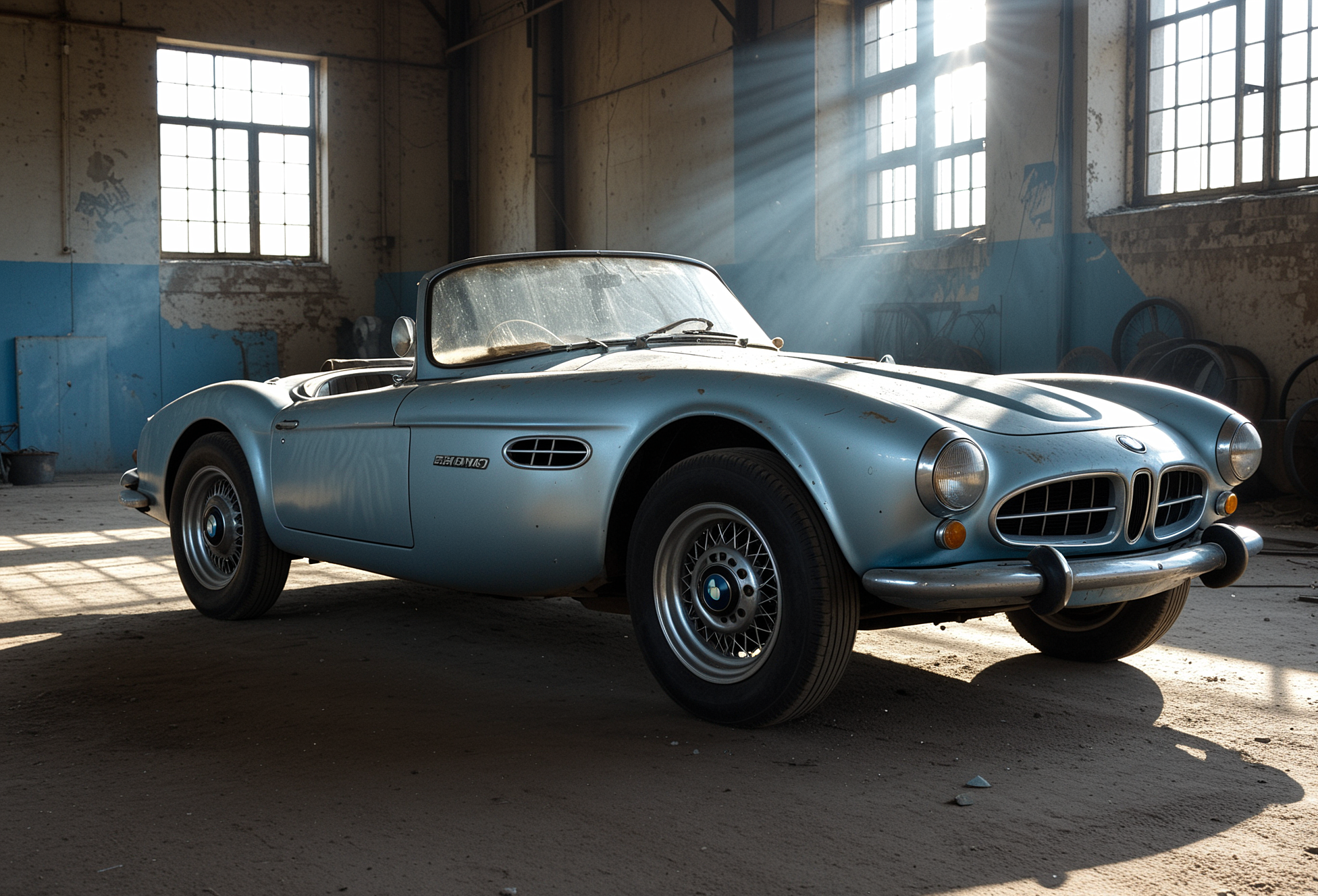 An old baby blue convertible BMW 507 in an abandonned factory. The car is covered in dust but the beautiful metallic paint still shines at the light. Multi-spoke wheels. Sun rays comming through the windows. Dusty. Particles float in the air. Dramatic light. Side view, close up.
