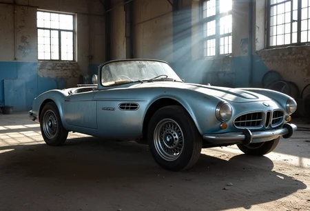 An old baby blue convertible BMW 507 in an abandonned factory. The car is covered in dust but the beautiful metallic paint still shines at the light. Multi-spoke wheels. Sun rays comming through the windows. Dusty. Particles float in the air. Dramatic light. Side view, close up.
