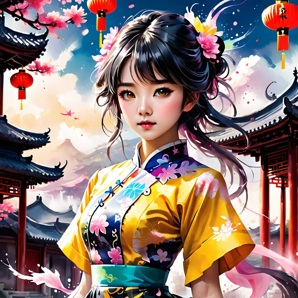 ink splashing,semi realistic, 2d game scene,oil and watercolor painting,
<lora:fantasy_world:1>ï¼upper,body
((floating hair)), ((extremely_detailed_eyes_and_face)),((chromatic aberration)), ((caustic)), lens flare, dynamic angle, ((portrait)), (1 girl), ((solo)), ((cute face)), ((hidden hands)), asymmetrical bangs, eye shadow, ((Giant Tai Chi)),((colorful refraction)), (beautiful detailed sky), ((dark intense shadows)), ((cinematic lighting)), ((overexposure)), (expressionless), blank stare, big top sleeves, ((frills)), (((small breast))), pleated skirt, ((sharp focus)), ((masterpiece)), (((best quality))), ((extremely detailed)), colorful, hdr,(((cheongsam))),(((Exquisite Chinese sword))),((Scattered runes)),(((magnificent ancient pagoda))),Architectural community,Fluttering long hair,(((Mysterious Dragon))),gentle wind,(((Yellow paper all over the sky))),((Spells written on paper)),(Yellow paper all over the sky),((Antique glasses)),Dragon pattern,((A solemn atmosphere)),(beautiful and delicate eyes),((Black and white dress pattern)),(Yellow glass light column),((mysterious)),((Chinese architecture))