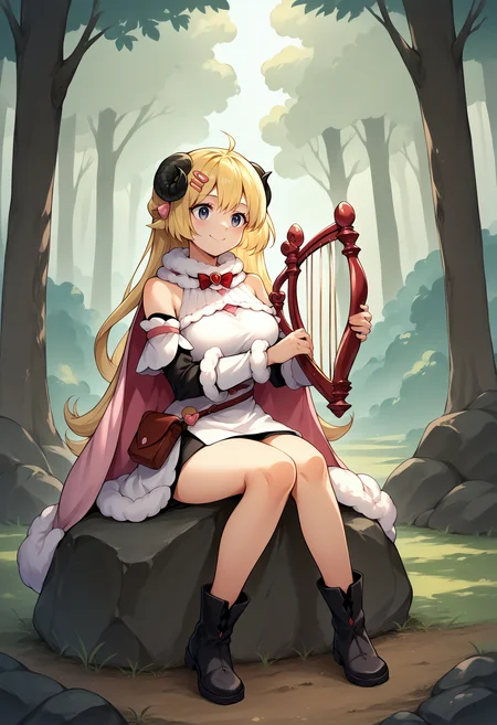 score_9, score_8_up, source_anime, 1girl, solo, WatameBase, very long hair, ahoge, hairclip, fur-trimmed dress, short dress, red bowtie, detached sleeves, pouch, fur-trimmed cape, pink cape, black boots, smile, holding harp, outdoors, sitting on rock, forest, <lora:ChamTsunomakiWatamePonyXLV2:1>