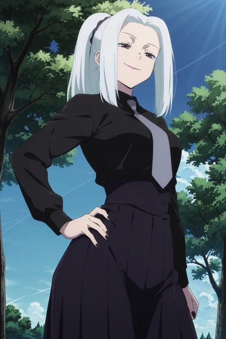 anime screencap, anime coloring, detailed face, masterpiece, best quality, very aesthetic, absurdres, volumetric lighting, official style, amazing quality, ultra detailed, highres, amazing quality, scenery, beautiful detailed hair, beautiful detailed eyes, defined fingers,
<lora:Mei_Mei_Jujutsu_Kaisen:1>
outdoors, tree, blue sky,
Me Mei Hidden Inventory Premature Death appearance, Mei Mei (character), 1girl, solo, necktie, shirt, grey necktie, skirt, white hair, dark purple eyes, black shirt, both hands on own hip, black nails, cowboy shot, smug smile, ponytail, 3/4 view, low angle