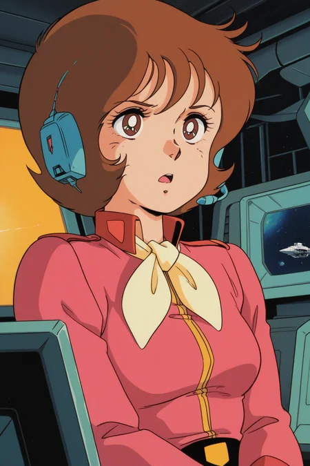 masterpiece, best quality, amazing quality, absurdres, frawbow79, brown hair, solo, serious, open mouth, talking, headset, sitting, monitor, pink military uniform, yellow ascot, upper body, medium breasts, indoors, spacecraft, science fiction, retro artstyle