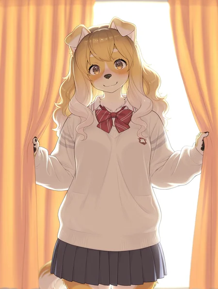 masterpiece, best quality, amazing quality, very aesthetic, high resolution, ultra-detailed, absurdres, newest, scenery, depth of field, scenery, volumetric lighting, by kikurage, shih tzu, domestic dog, furry, furry female, anthro, 1girl, solo, animal ears, yellow body, yellow fur, dog girl, dog ears, dog tail, tail, skirt, long hair, snout, looking at viewer, school uniform, animal nose, brown eyes, brown fur, backlighting, bow, bowtie, curtains, smile, body fur, pleated skirt, red bowtie, shirt, long sleeves, sweater, white fur, blush, body fur, dusk