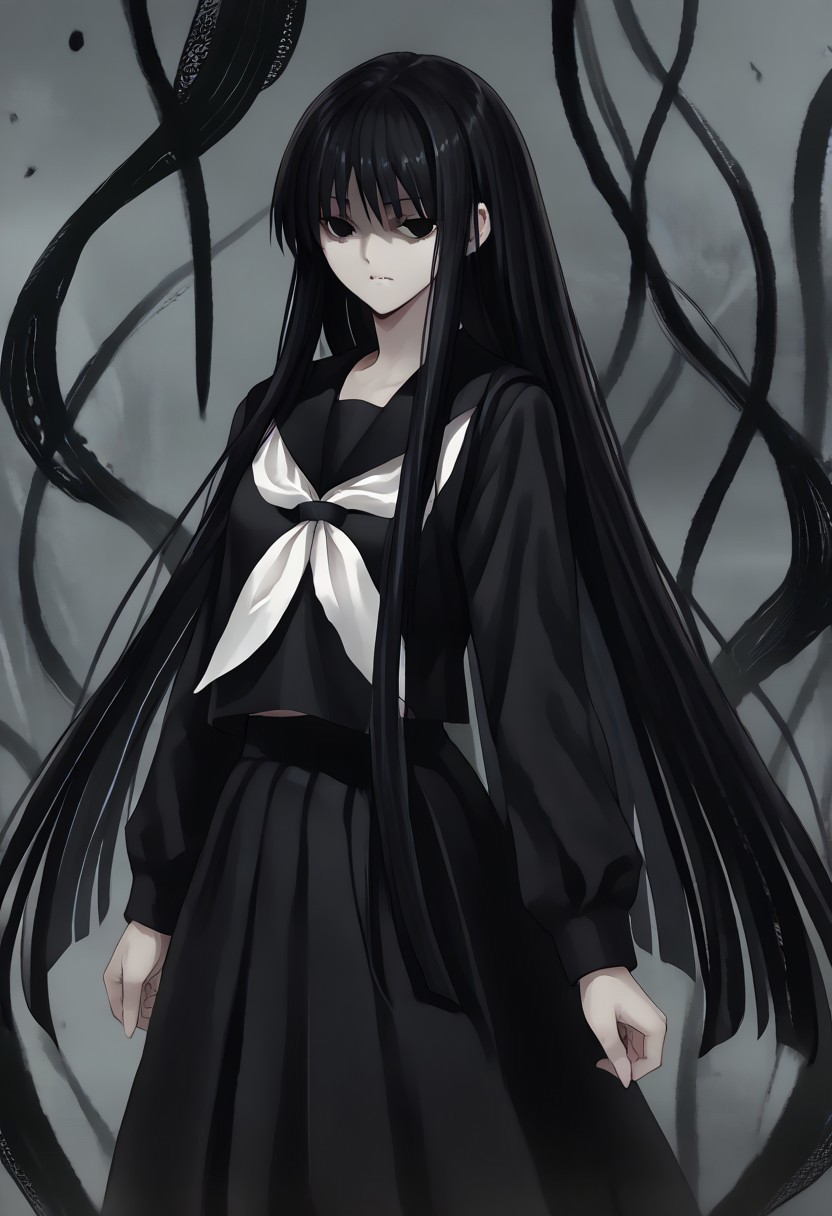 score_9, score_8_up, score_7_up, score_6_up, score_5_up, score_4_up, source_anime, 1girl, solo, 
hagoromo gitsune,shaded face,black eyes,empty eyes,black hair,very long hair, 
black serafuku,pantyhose,black sailor collar,black skirt, 
masterpiece, best quality, very aesthetic, absurdres,