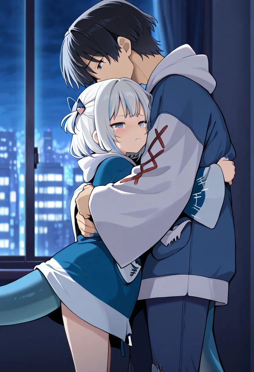 masterpiece, best quality, highres, newest, 1girl, official style, anime screencap, blue hoodie, shark print, shark hair ornament, two side up, wide sleeves, drawstring, grey hair, streaked hair, blue eyes, shark tail, blue nails,
1 boy, short hair, black hair, red and white t-shirt, jeans
Hugging her deeply, size difference, smaller girl, tears sad, deep hug, room at night, city illuminated in the windows