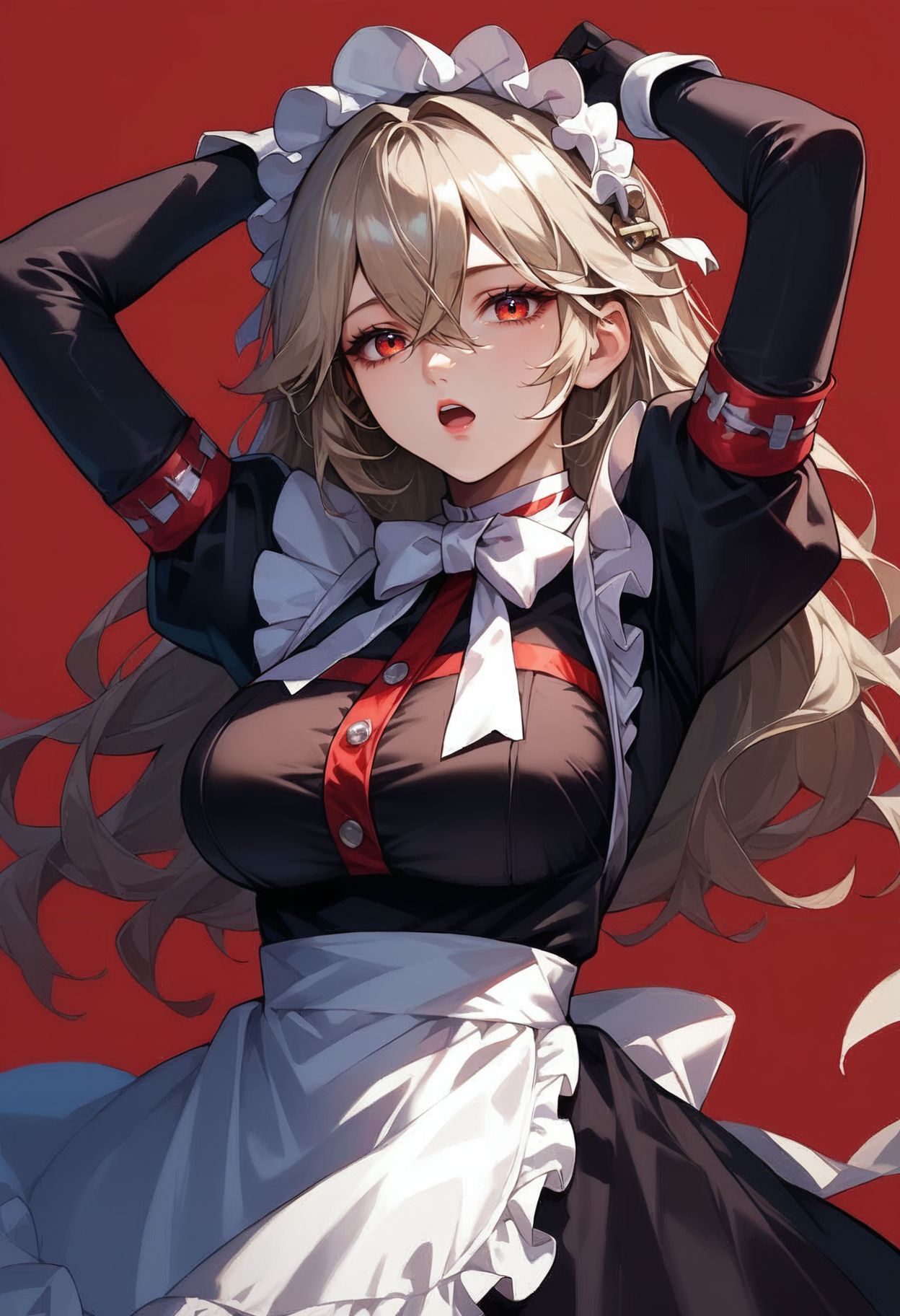 score_9,score_8_up,score_7_up,score_6_up , <lora:alexandrina_sebastiane_pdxl_v1:0.8>alexandrina-zzz, 1girl, maid headdress, breasts, maid, long hair, looking at viewer, bow, large breasts, white bow, solo, long sleeves, open mouth, hair between eyes, apron, red background, bowtie, gloves, bangs, black gloves, puffy sleeves, frills, arms up, dress, maid apron ,