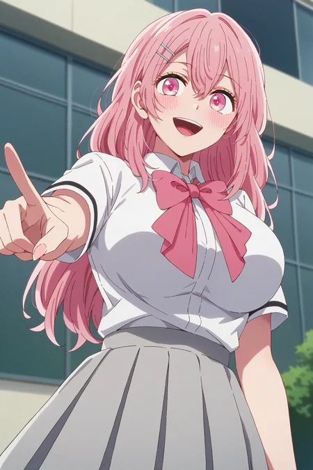 score_9, score_8_up, score_7_up, source_anime, 1girl, prefect lighting, very aesthetic, intricate details, highly detailed background, masterpiece, high quality, prefect hands, best quality, solo,
<lora:Minami_Kotobuki_Oshi_No_Ko_V1:.85>, KJOminami, long hair, pink hair, pink eyes, hair between eyes, hair pim,
school uniform, white collared shirt, short sleeves, grey skirt, pink bowtie,
from below, pointing at self, head tilt, smile, open mouth, blush, looking at viewer,
courtyard, school in background, outside,
(Beautiful, large Breasts:1.2), natural breasts,