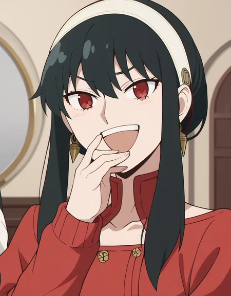 score_9, score_8_up, score_7_up, source_anime, yorbriar, <lora:yor-briar-s1-ponyxl-lora-nochekaiser:1>, yor briar, black hair, red eyes, earrings, white hairband, hairband, long hair, sidelocks,, <lora:ojou-sama-pose-ponyxl-lora-nochekaiser:1>, ojou-sama pose, laughing, smug, hand to own mouth, open mouth,, indoors, smile,, cowboy shot, dutch angle, looking at viewer,