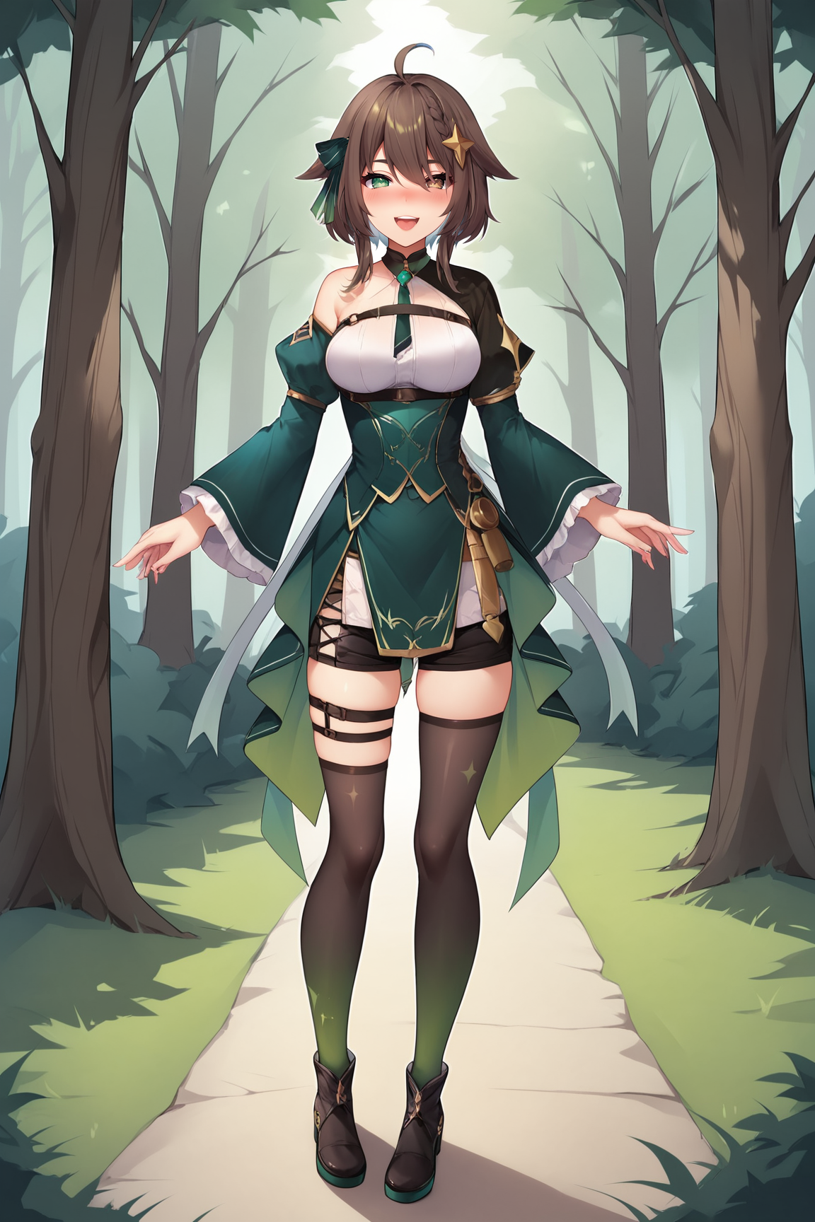 score_9, score_8_up, score_7_up, score_6_up, BREAK, Meica05VTXLv2, heterochromia, green eyes, (brown eye), brown hair, short hair, hair ornament, hair between eyes, braid, ahoge, ribbon hair, green ribbon, medium breasts, green necktie, off shoulder, green dress, long sleeves, wide sleeves, black shorts, short shorts, black thighhighs, thigh strap, back shoes, solo, full body, standing, seductive smile, looking at viewer, naughty face, nose blush, forest, tree  <lora:Meica05VTXLv2:0.8>