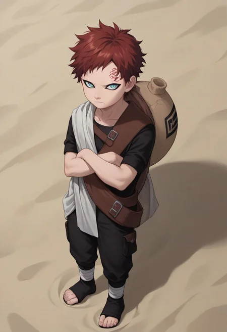 score_9, score_8_up, score_7_up, highly detailed, cute boy, 1boy, solo, young, Gaara, Red Hair, Pale Blue Eyes, Facial Mark , Black Short sleeve shirt, White Cloth Sash, leather strap, gourd, black pants, toeless footwear, arms crossed, sand