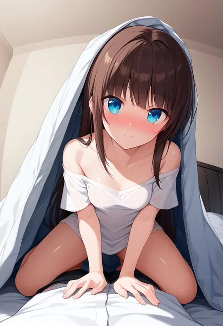 raw lighting, overexposed, harsh flash,score_9, score_8_up, score_7_up, score_6, masterpiece, best quality,uncensored ,longislandslack, brown hair, white shirt, off-shoulder shirt, short sleeves, bare shoulders, small/medium breasts, indoors, nose blush, male pov, pov in bed, pov under covers, under duvet, female kneeling ontop of bed, shiny skin