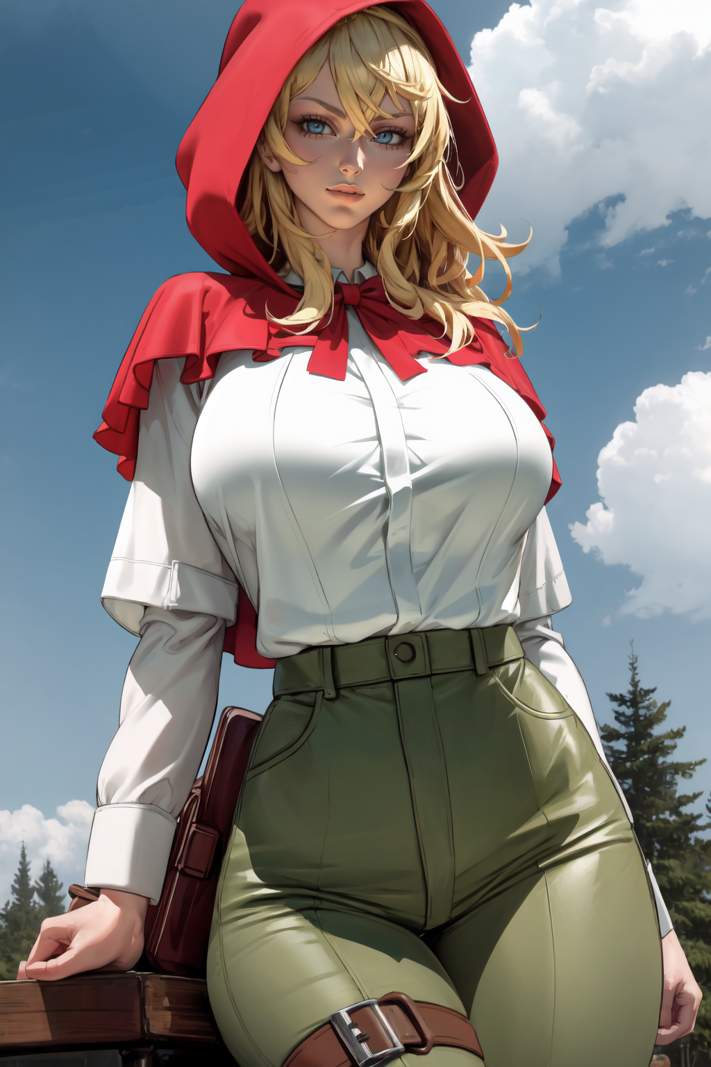 1girl, (solo:1.2), (cowboy shot:1.2), (looking at viewer:1.3)
<lora:The Hunter's Guild Red Hood - Grimm [richyrich515 - v1.0]:1> grimm, blue eyes, red hood, hood up, red capelet, white shirt, shirt tucked in, green pants, thigh strap, huge breasts, muscular female
BREAK <lora:Zumi [MockAi - v1.0]:0.85> zumi, (realistic shading:1.2), soft shading, minimal lineart, semi-realistic proportions
BREAK intricate details, (masterpiece:1.3), (best quality:1.3), (perfect anatomy:1.4) BREAK, (beautiful white clouds:1.3), puffy clouds, white sky