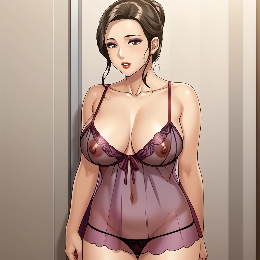 <lora:MrsAhn_pony_v1:.8> MrsAhn, 1girl, solo, mature female, brown hair, large breasts, brown eyes, single hair bun,, lipstick,eyeshadow, cowboy shot, <lora:chemise-ponyxl-lora-nochekaiser:1> chemise, strap slip, see-through, bare shoulders, collarbone, thighs,