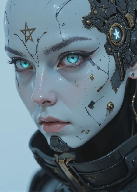 <lora:ck-Sci-Fi-Concepts:0.7>, in the style of ck-sfc, close up face shot of a white pale ceramic wabi-sabi cyberpunk (woman:0.6) looking mysteriously at the viewer, direct eye contact. holographic reflections of a (pentagram) in their eyes.
<lora:ck-nc-luminal-genesis:0.8>
<lora:flux.1_lora_flyway_Epic-detail_v2:0.6>
<lora:CPA:0.5>
<lora:BLUE_mk4_angel_FLUX_01:0.30>