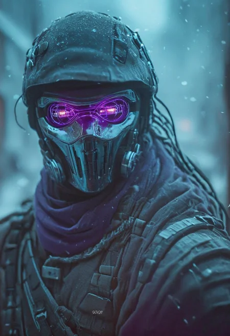 Amidst a dense snow storm, zone-eyes, eye-trails, closeup portrait of a ninja with lines of light emitting from the eyes,, vibrant silver and beige color graded glamour portrait photo of an wired-Cyborg cyberpunk stormtrooper with deep purple/turquoise eyes and Pistol made from technical parts and translucent cyberpunk hoses, cables and stuff, macro, a captivating vibrant dark capturing the essence of a cyborg Bedouin sorcerer in fight stance, dystopian digital Cybersecurity Server Wall backdrop. Blue Linen scharf billowing in Wind, atmospheric haze, Film grain, cinematic film still, shallow depth of field, highly detailed, high budget, cinemascope, moody, epic, OverallDetail, gorgeous, 2000s vintage RAW photo, photorealistic, candid camera, color graded cinematic, eye catchlights, atmospheric lighting, skin pores, imperfections, natural, shallow dof,