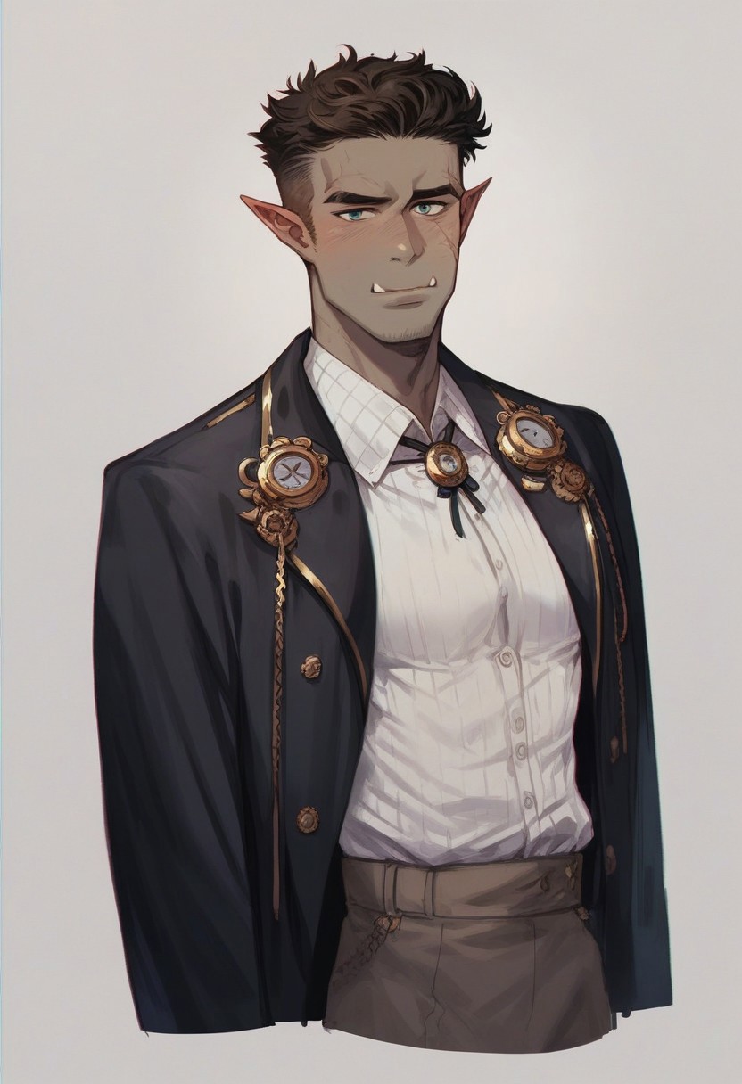 score_9, score_8_up, score_7_up, Male half-orc, short hair, skinny build, artificer, grey skin, steampunk outfit, scars, fantasy style, steampunk engineer, waist-high, steampunk black coat, steampunk formal shirt, solo